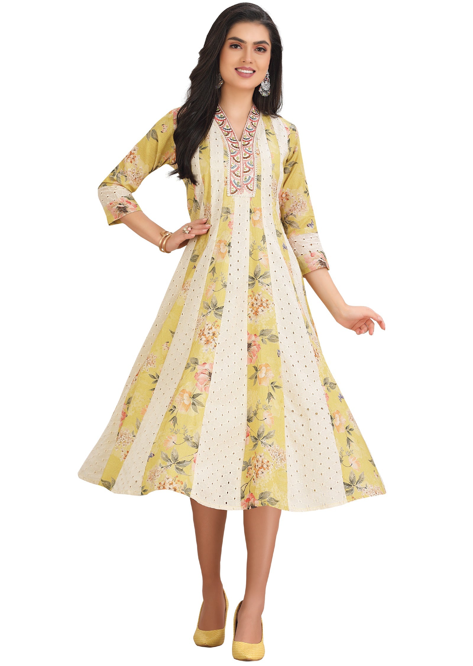 Yellow & Off White Cotton Kurti Frock Style