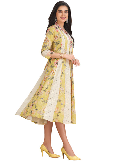 Yellow & Off White Cotton Kurti Frock Style