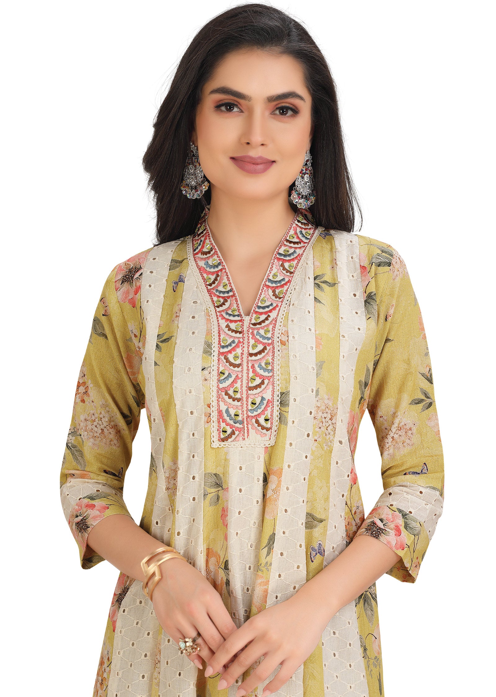 Yellow & Off White Cotton Kurti Frock Style