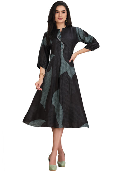 Black & Dusty Blue Dola Silk Kurti Frock Style