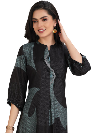 Black & Dusty Blue Dola Silk Kurti Frock Style