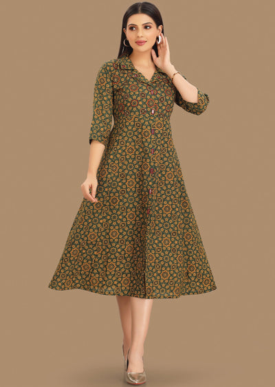 Green & Yellow Cotton Kurti Frock Style