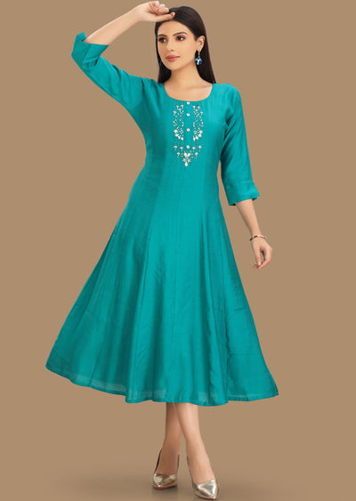 Rama Green Soft Silk Kurti Frock Style