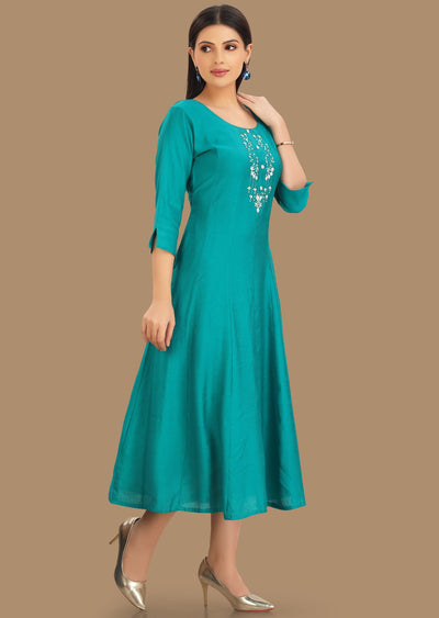 Rama Green Soft Silk Kurti Frock Style