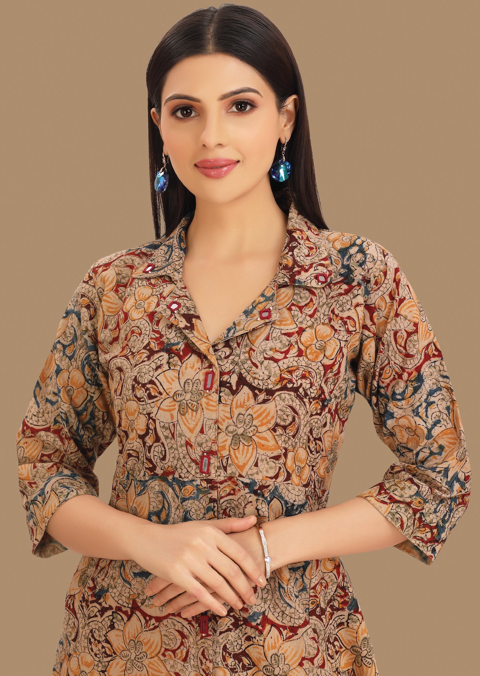 Beige & Maroon Cotton Kurti Frock Style