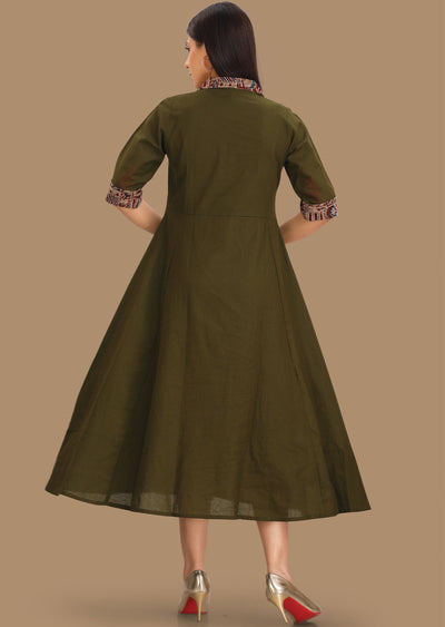 Olive Green Cotton Kurti Frock Style