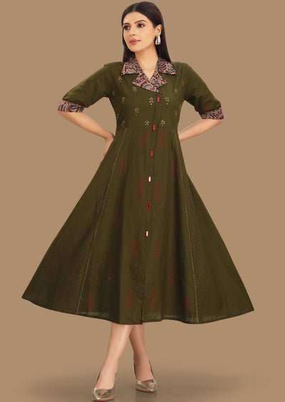 Olive Green Cotton Kurti Frock Style