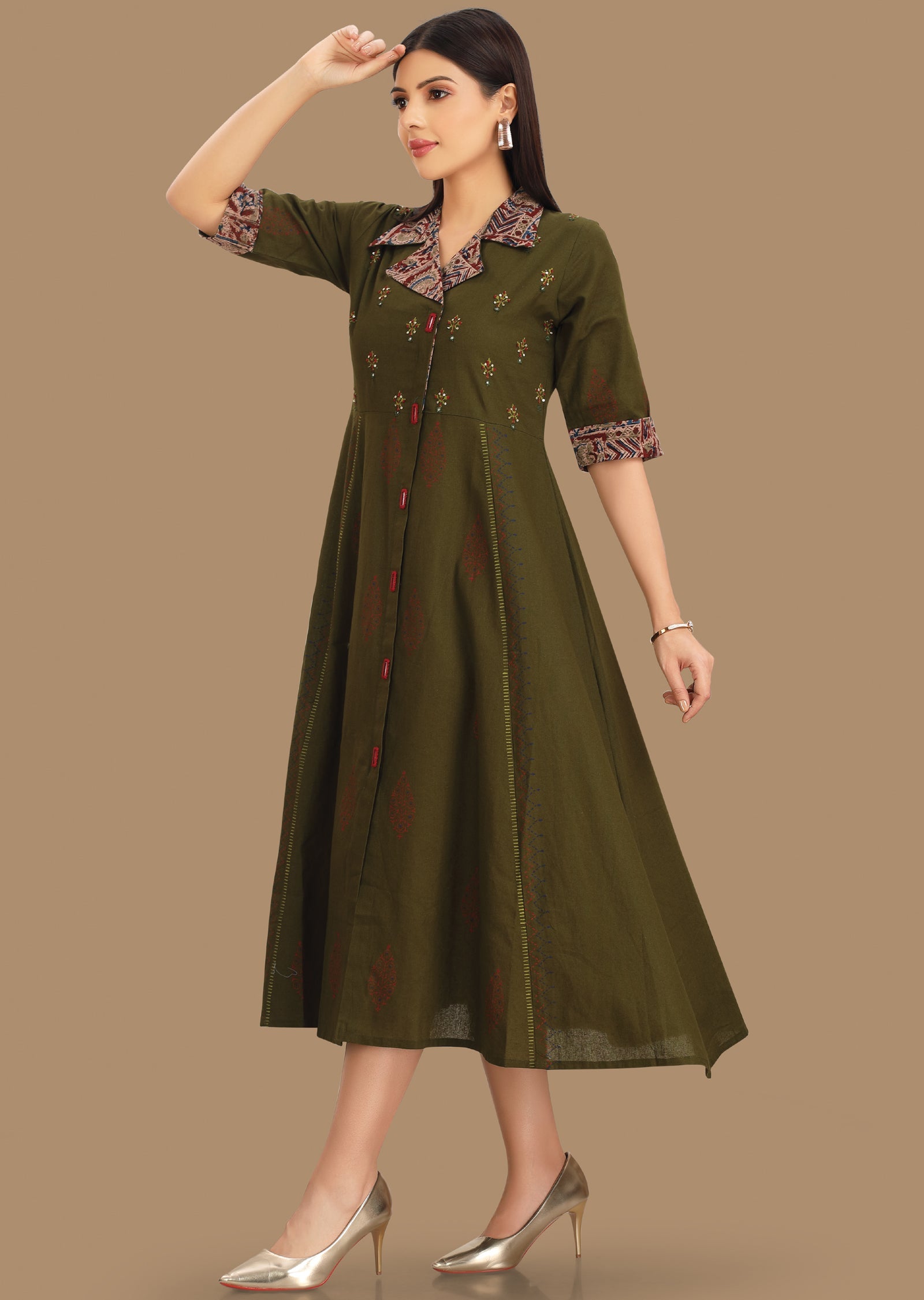 Olive Green Cotton Kurti Frock Style