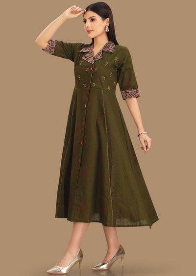 Olive Green Cotton Kurti Frock Style