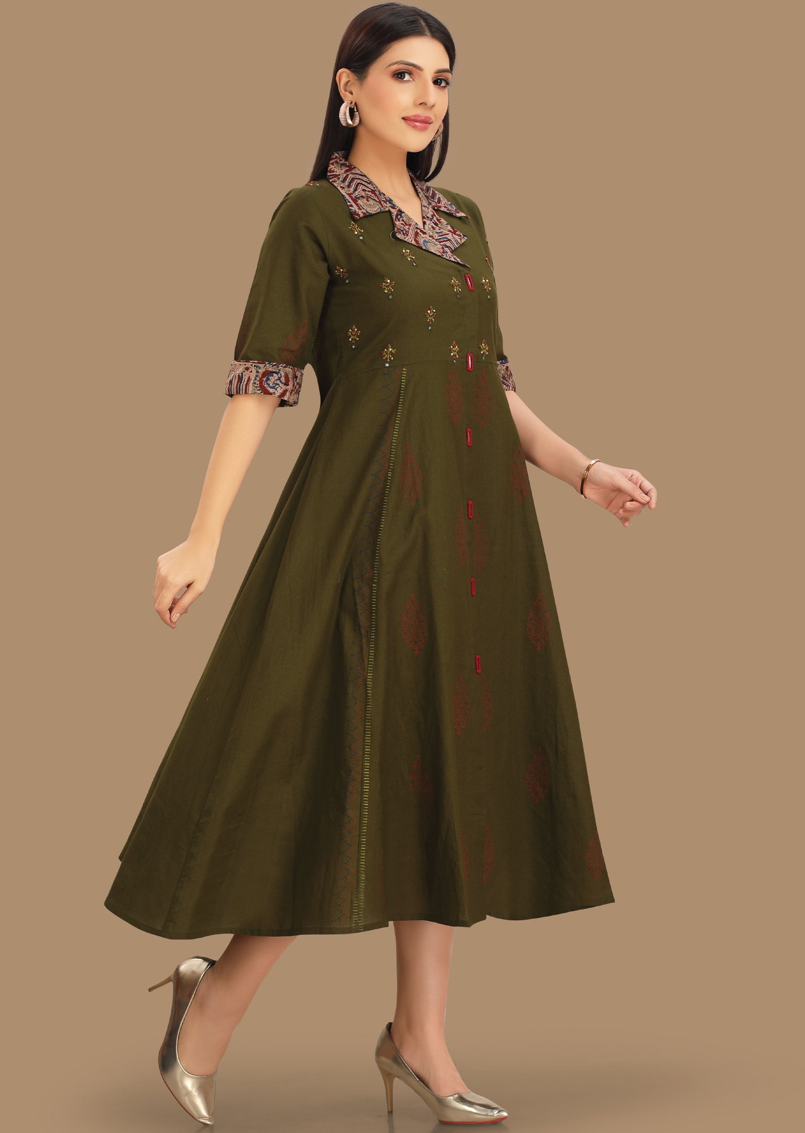 Olive Green Cotton Kurti Frock Style