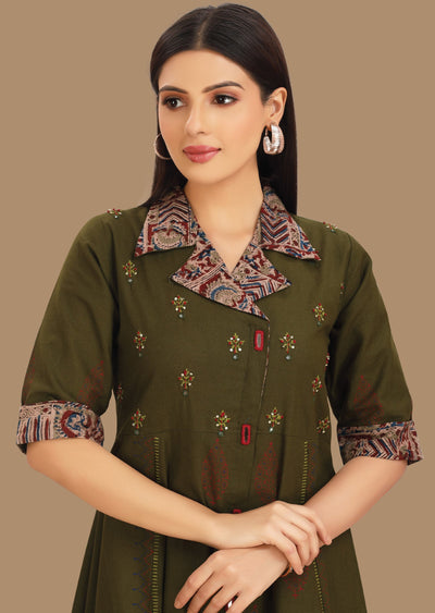 Olive Green Cotton Kurti Frock Style