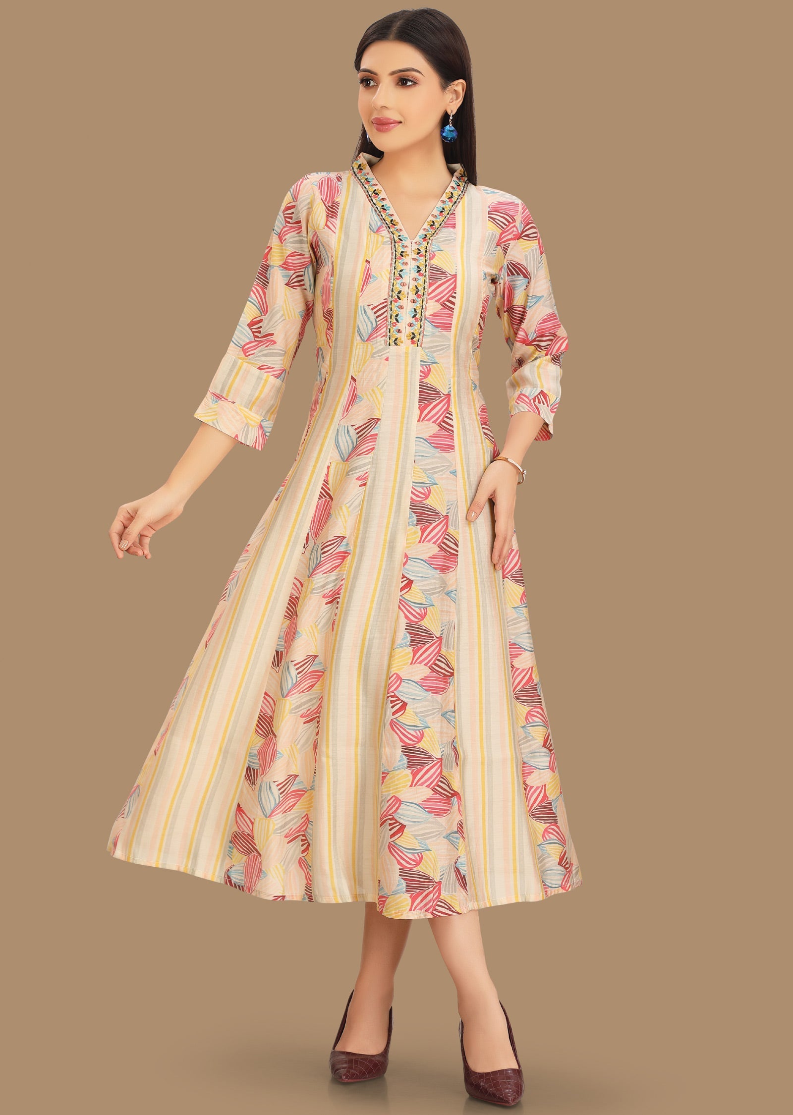 Cream Muslin Kurti Frock Style