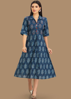 Indigo Blue Cotton Kurti Frock Style