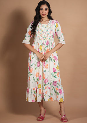 Cream Crepe Kurti Frock Style