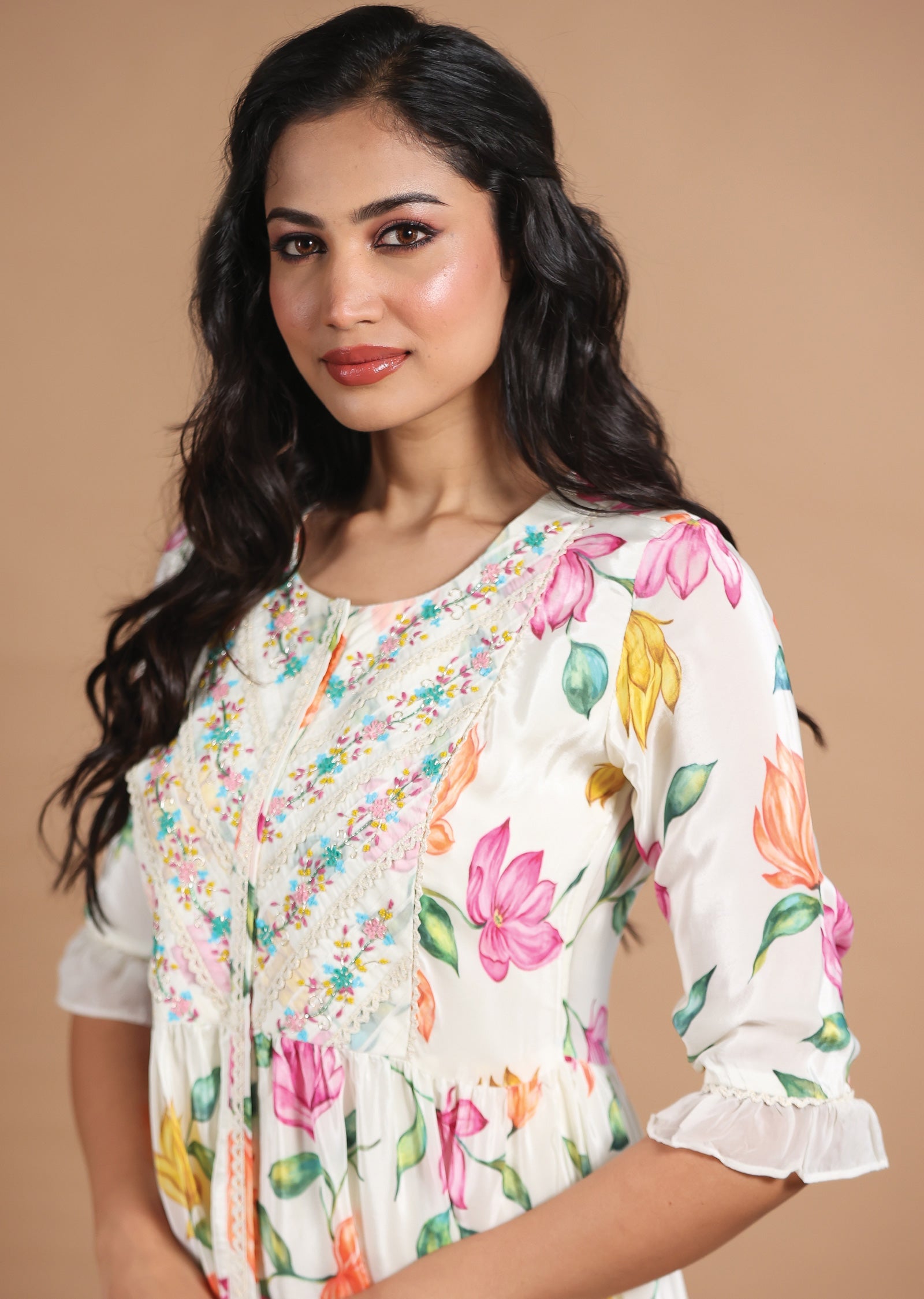 Cream Crepe Kurti Frock Style