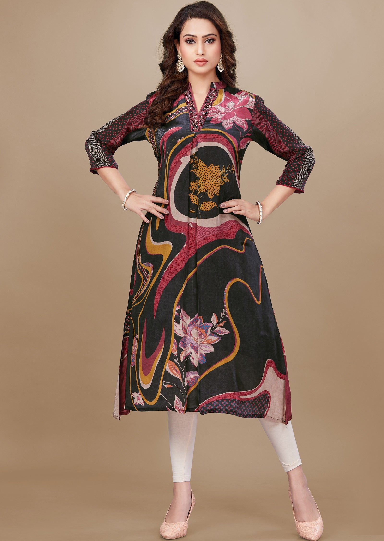 Black & Red Crepe Kurti Frock Style