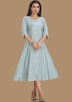 Dusty Blue Soft Silk Kurti Frock Style