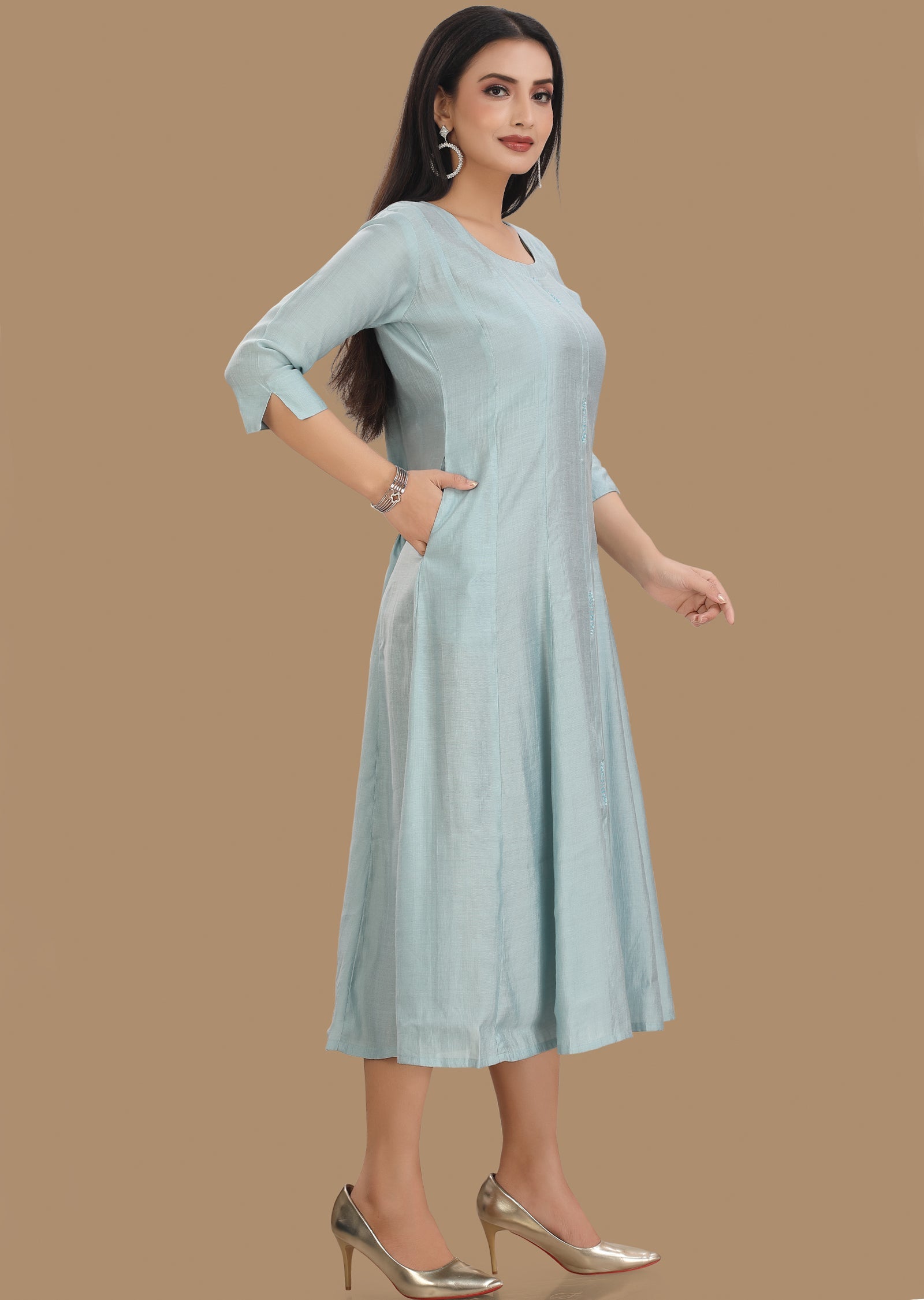 Dusty Blue Soft Silk Kurti Frock Style