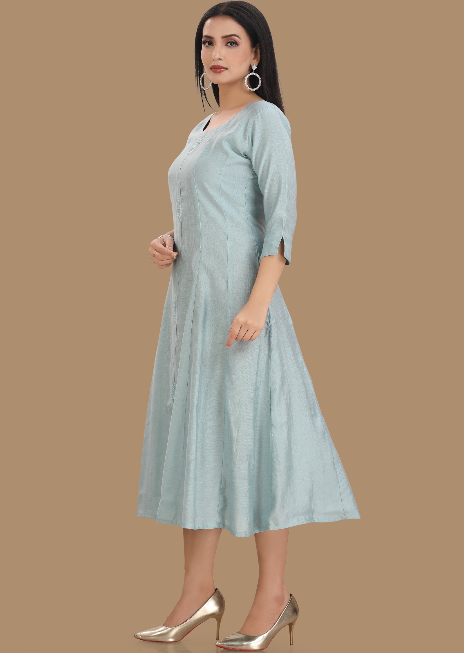 Dusty Blue Soft Silk Kurti Frock Style