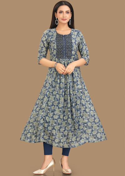 Blue & Green Muslin Kurti Frock Style