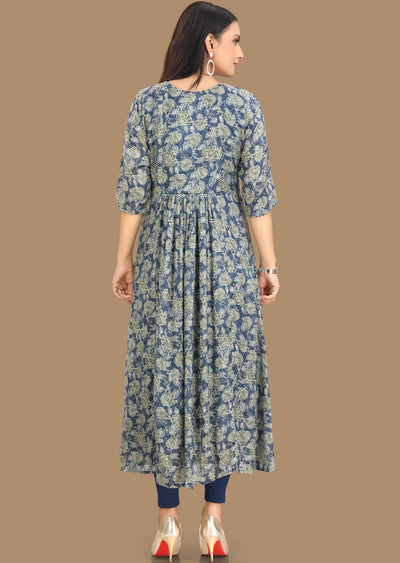 Blue & Green Muslin Kurti Frock Style