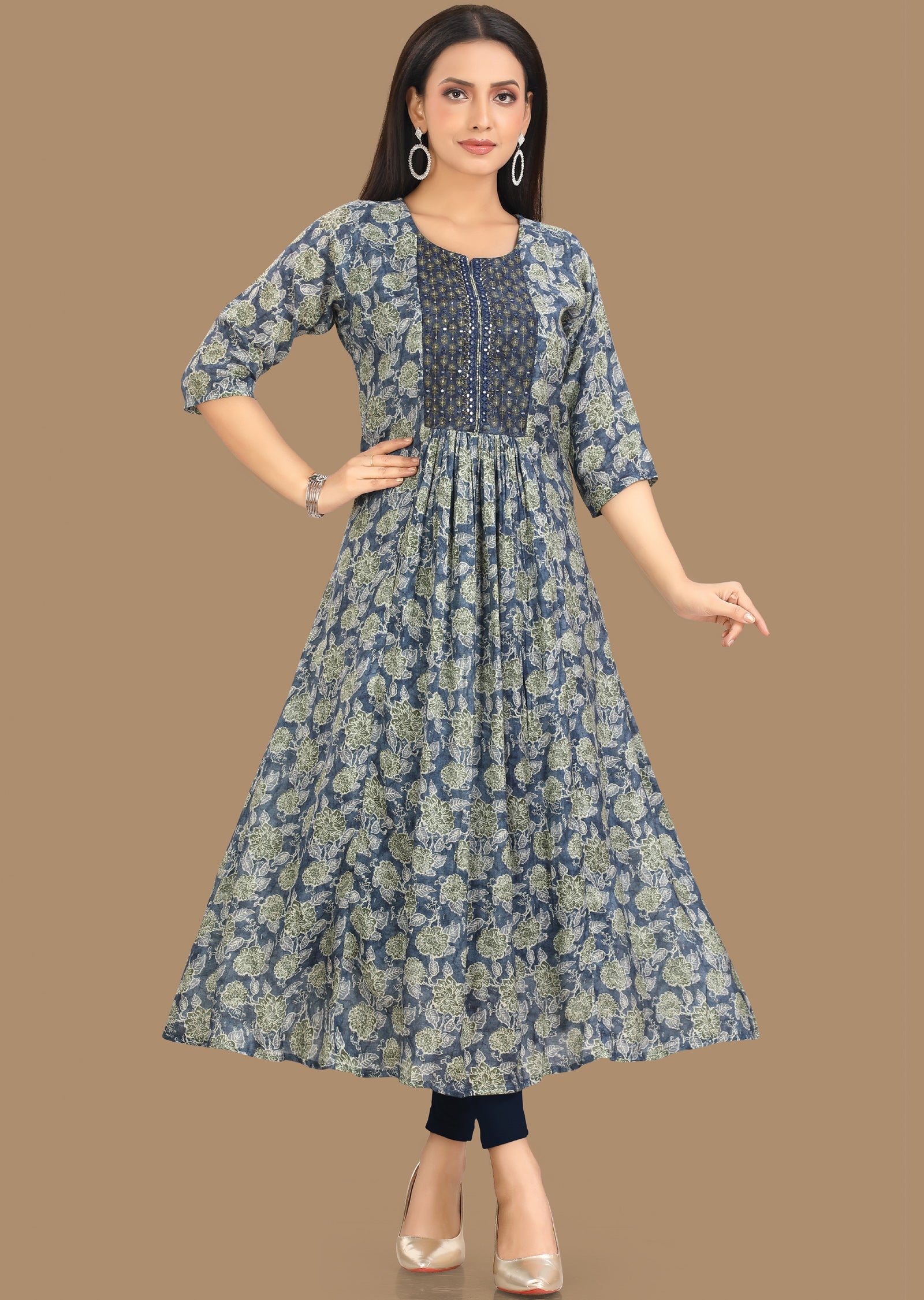 Blue & Green Muslin Kurti Frock Style