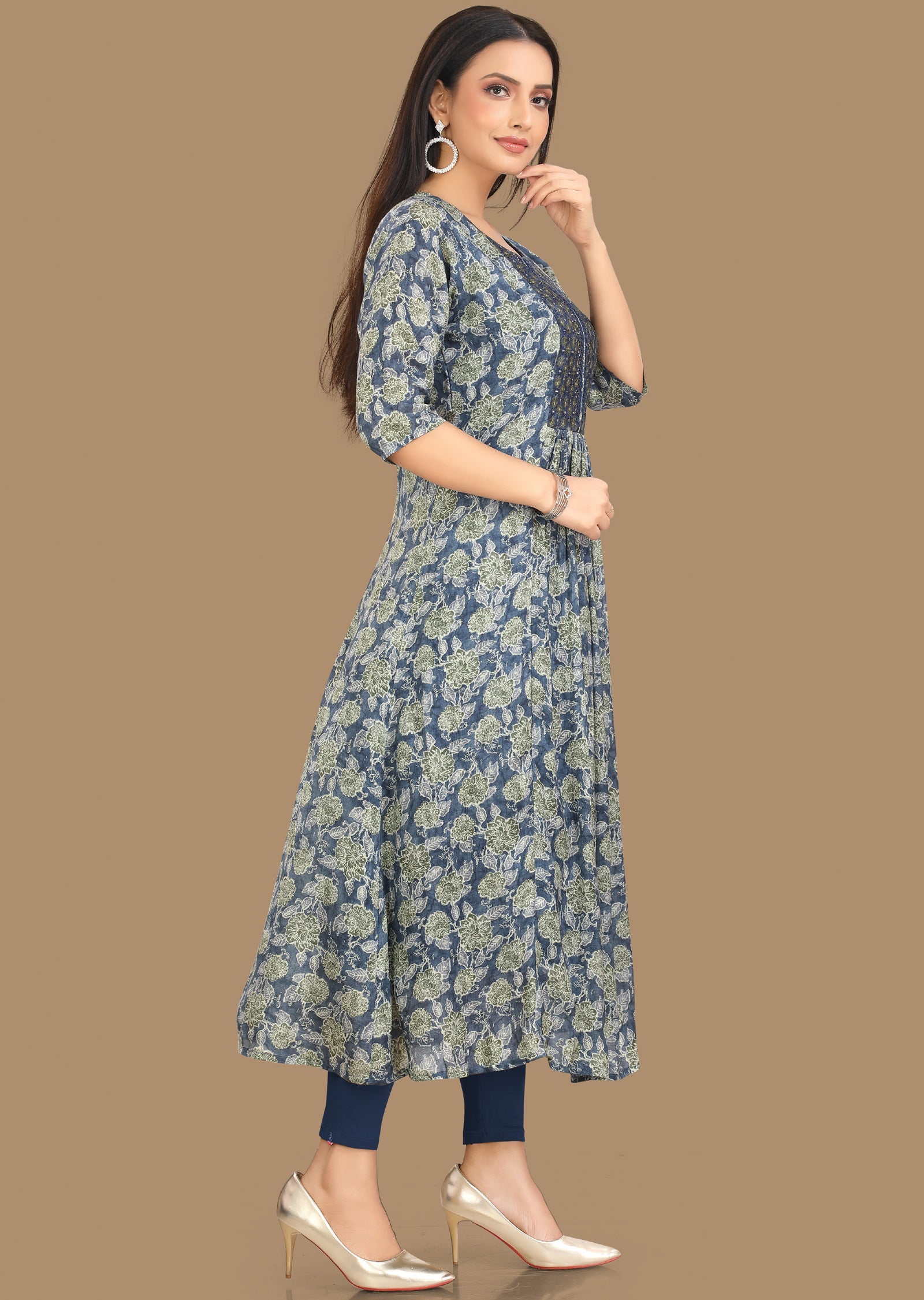 Blue & Green Muslin Kurti Frock Style