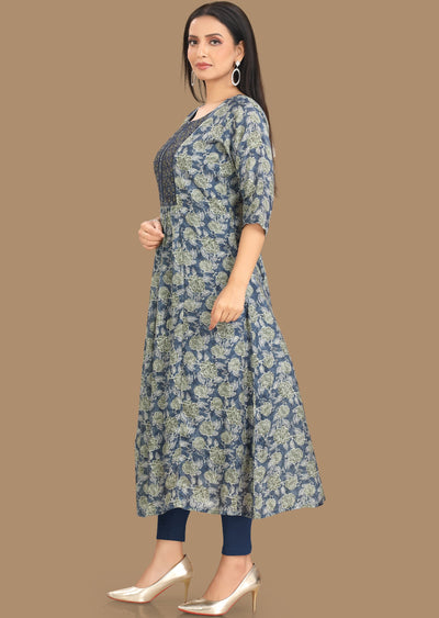 Blue & Green Muslin Kurti Frock Style