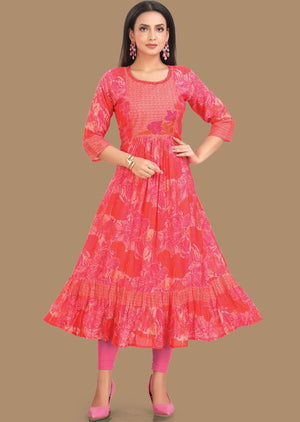 Rani Pink & Orange Muslin Kurti Frock Style