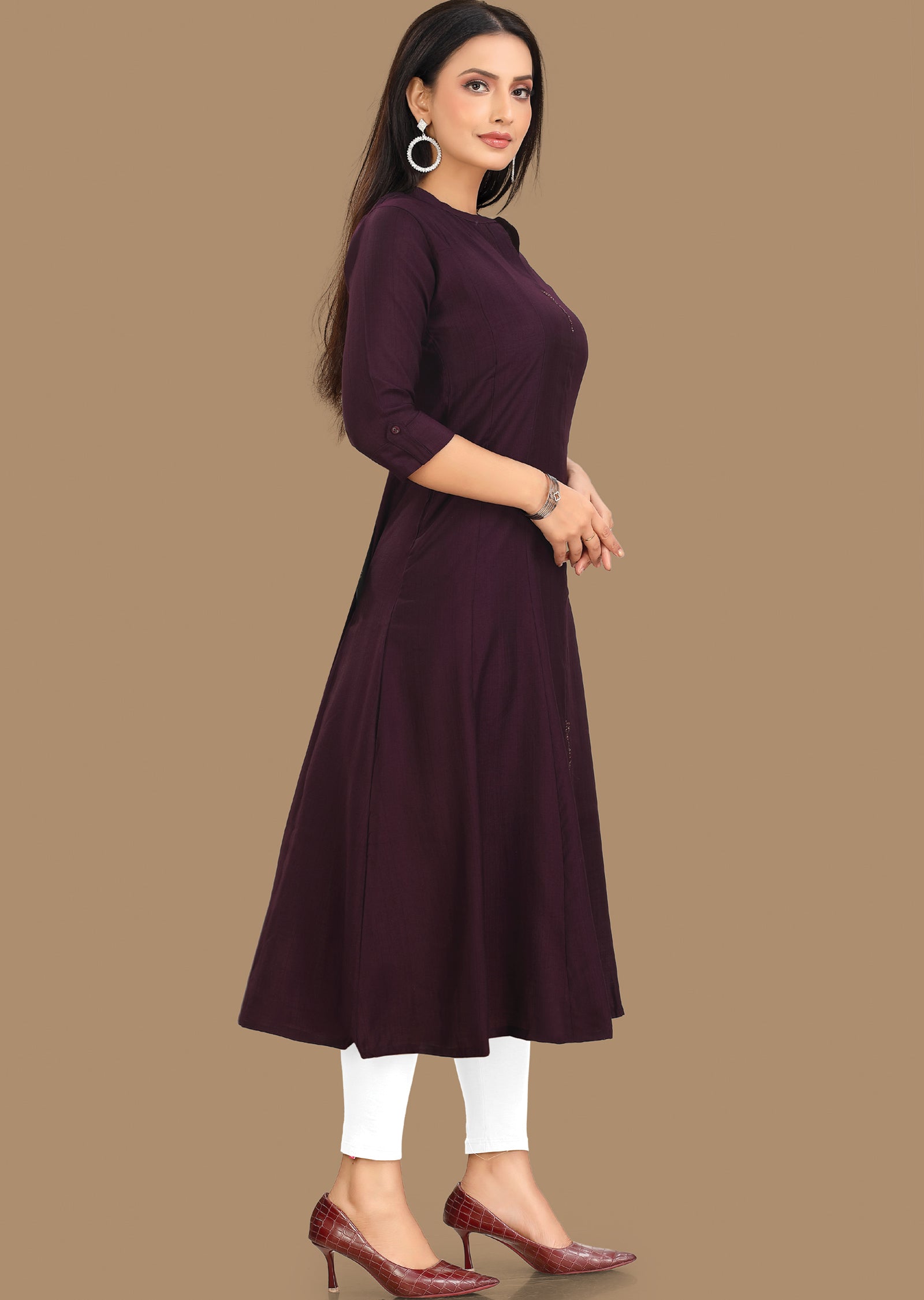 Wine Soft Silk Kurti Frock Style