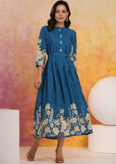 Teal Blue Muslin Kurti Frock Style 