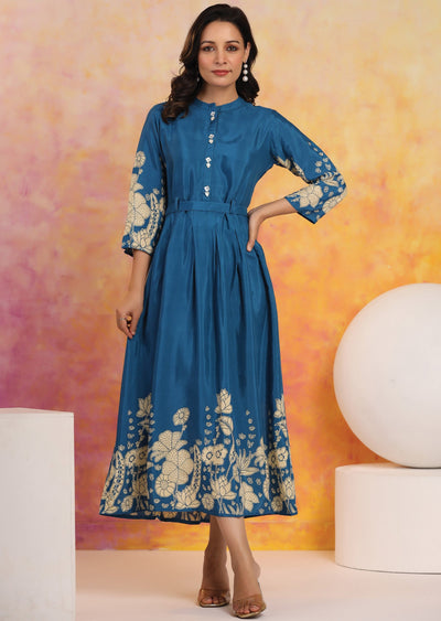 Teal Blue Muslin Kurti Frock Style