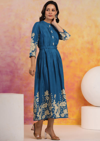 Teal Blue Muslin Kurti Frock Style