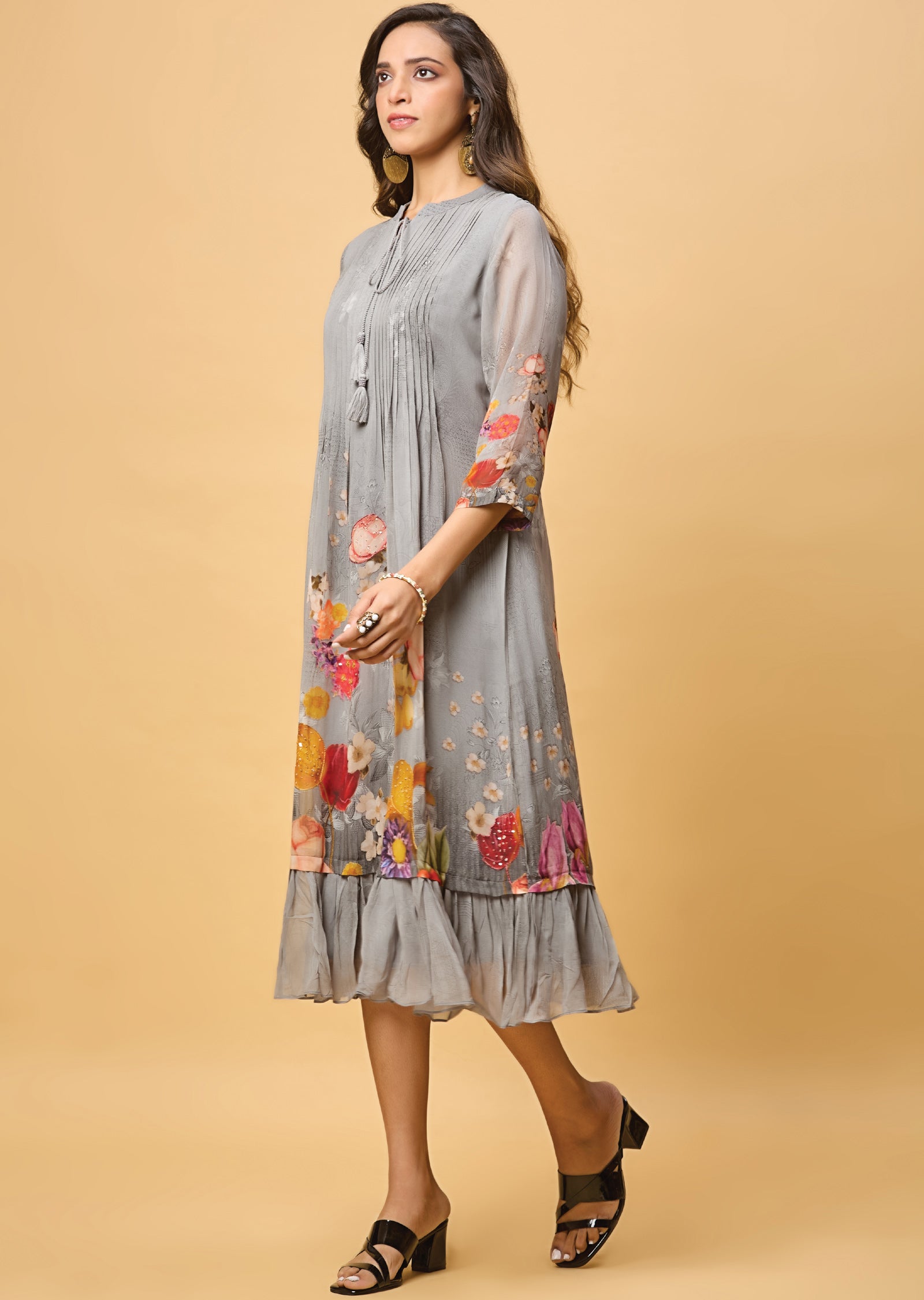 Grey Georgette Midi Dress