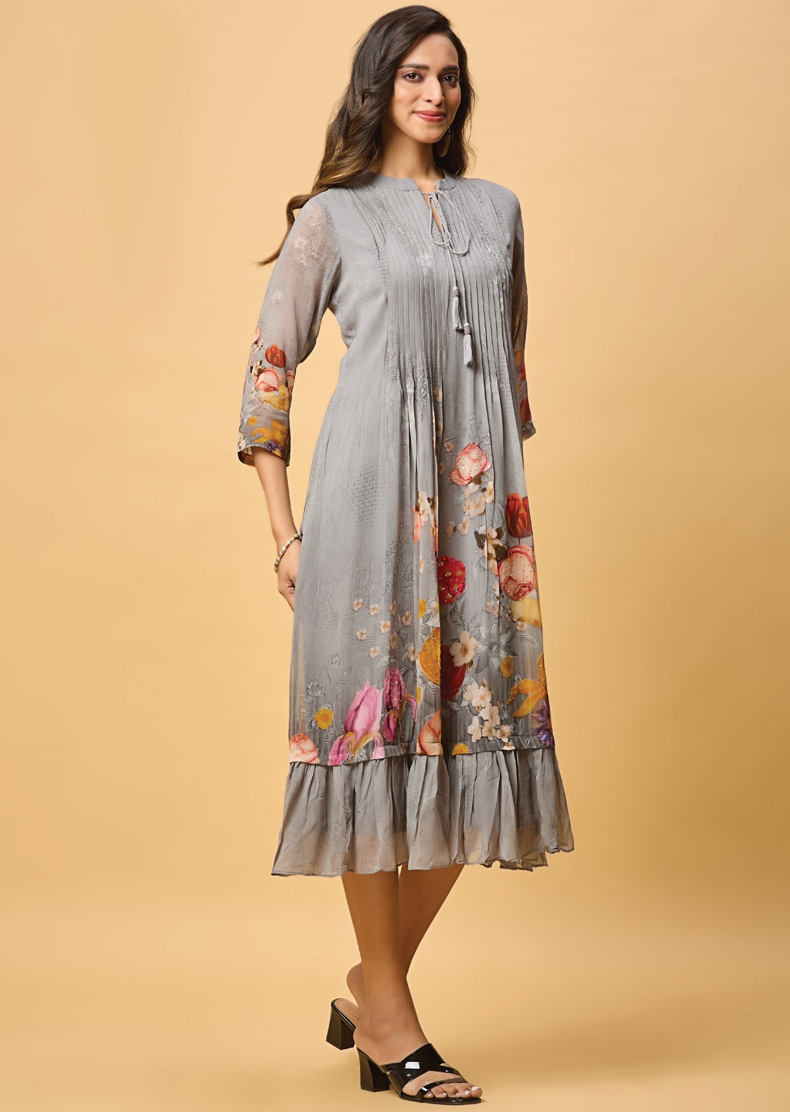 Grey Georgette Midi Dress