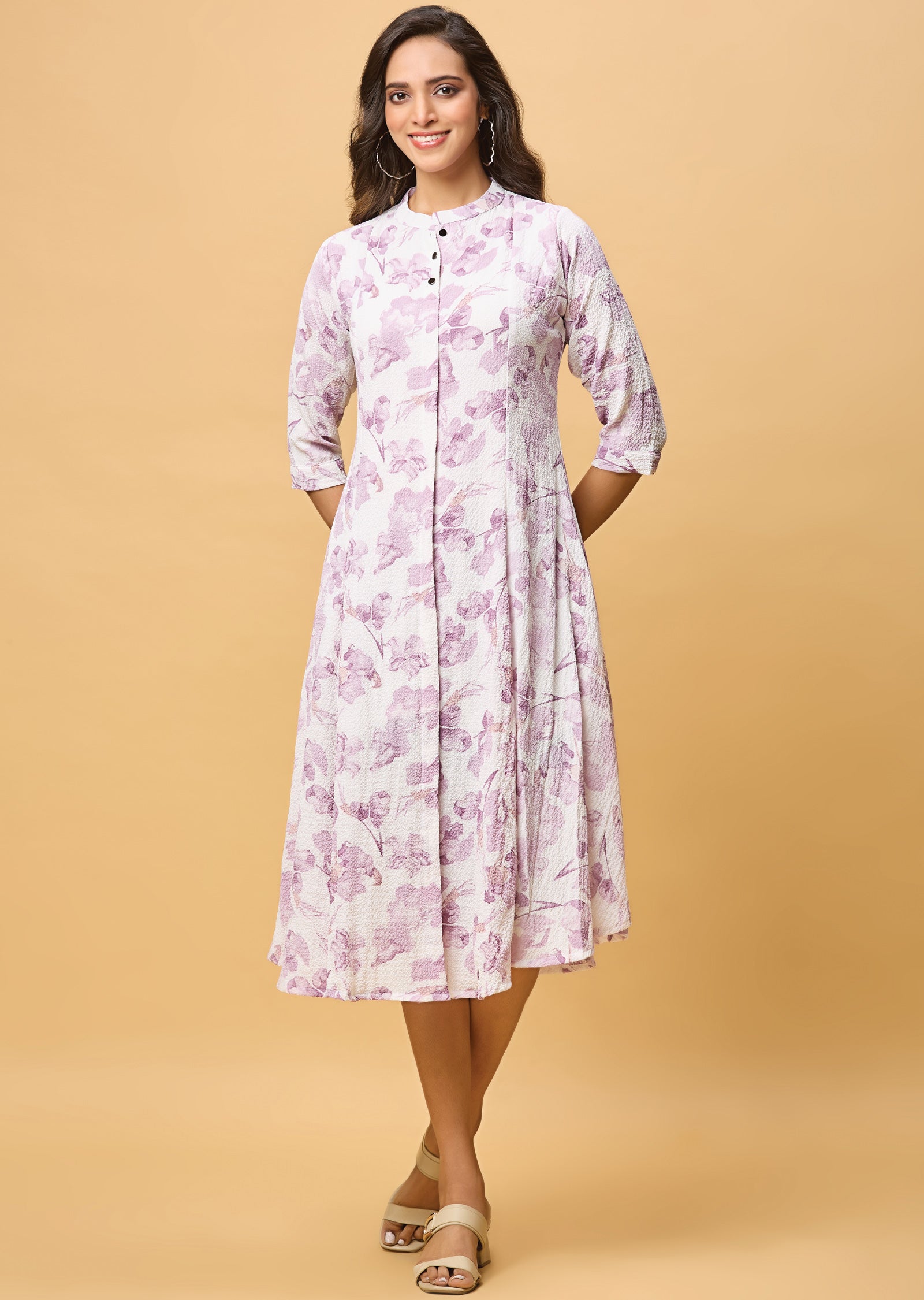 Off White & Lavender Georgette Midi Dress