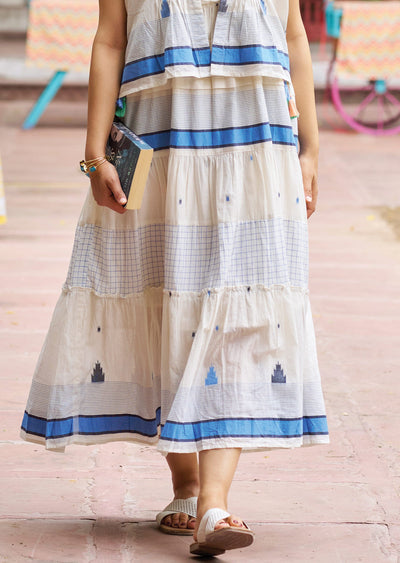 Off White & Blue Cotton Midi Dress
