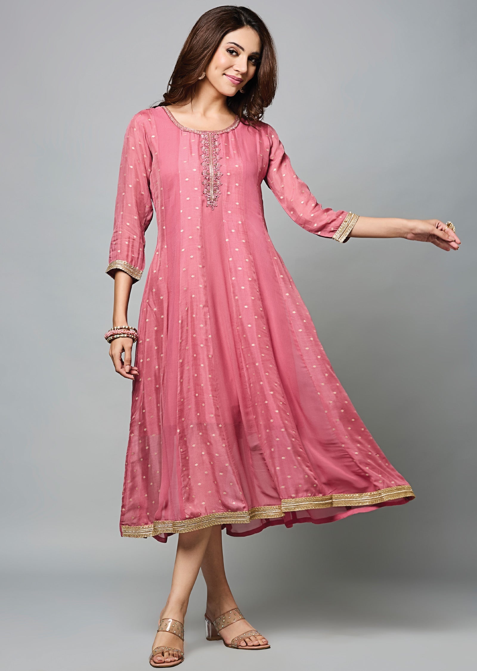 Dark Pink Banaras Georgette Midi Dress