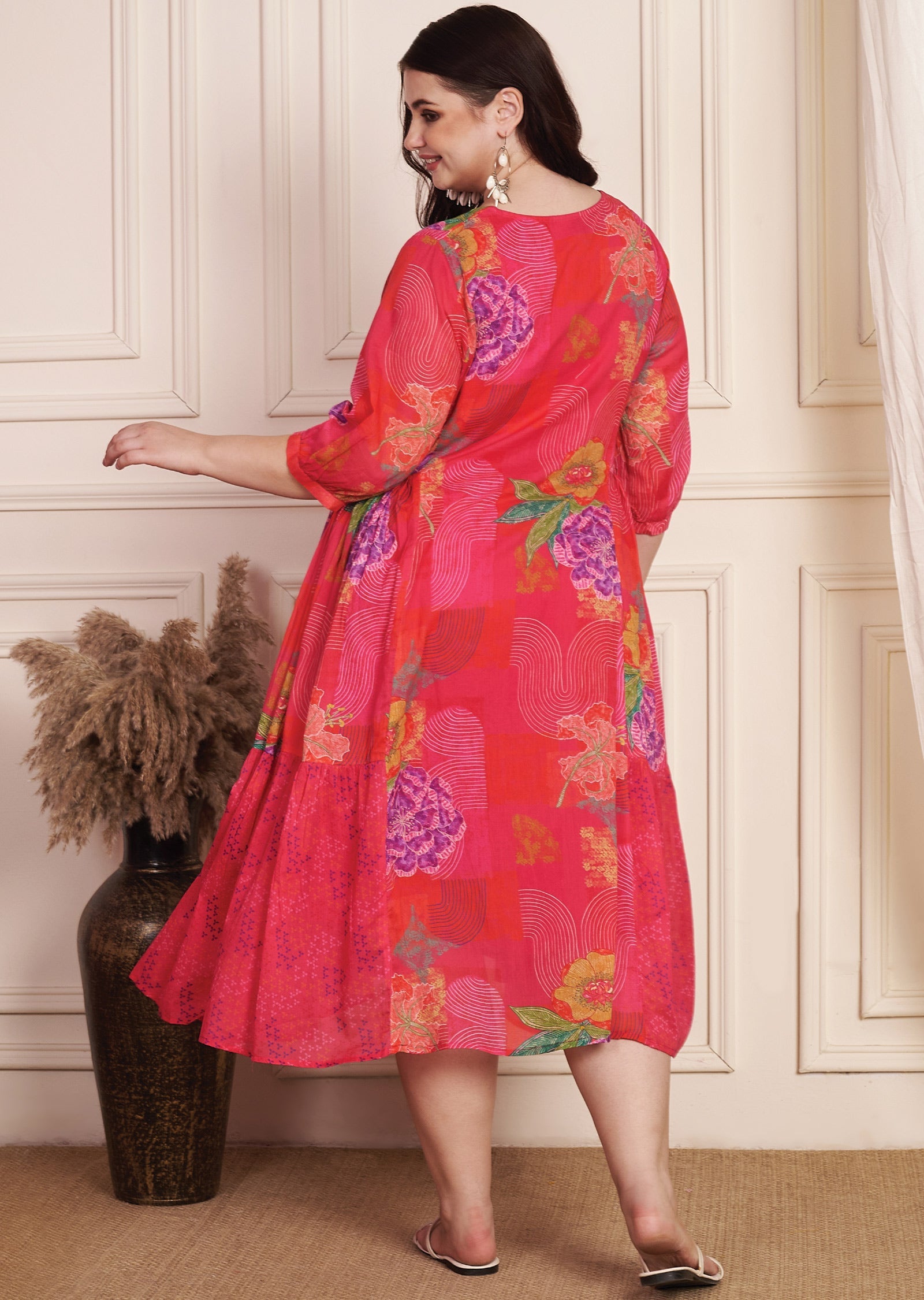 Red & Rani Pink Cotton Midi Dress