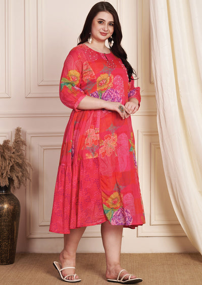 Red & Rani Pink Cotton Midi Dress