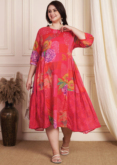 Red & Rani Pink Cotton Midi Dress