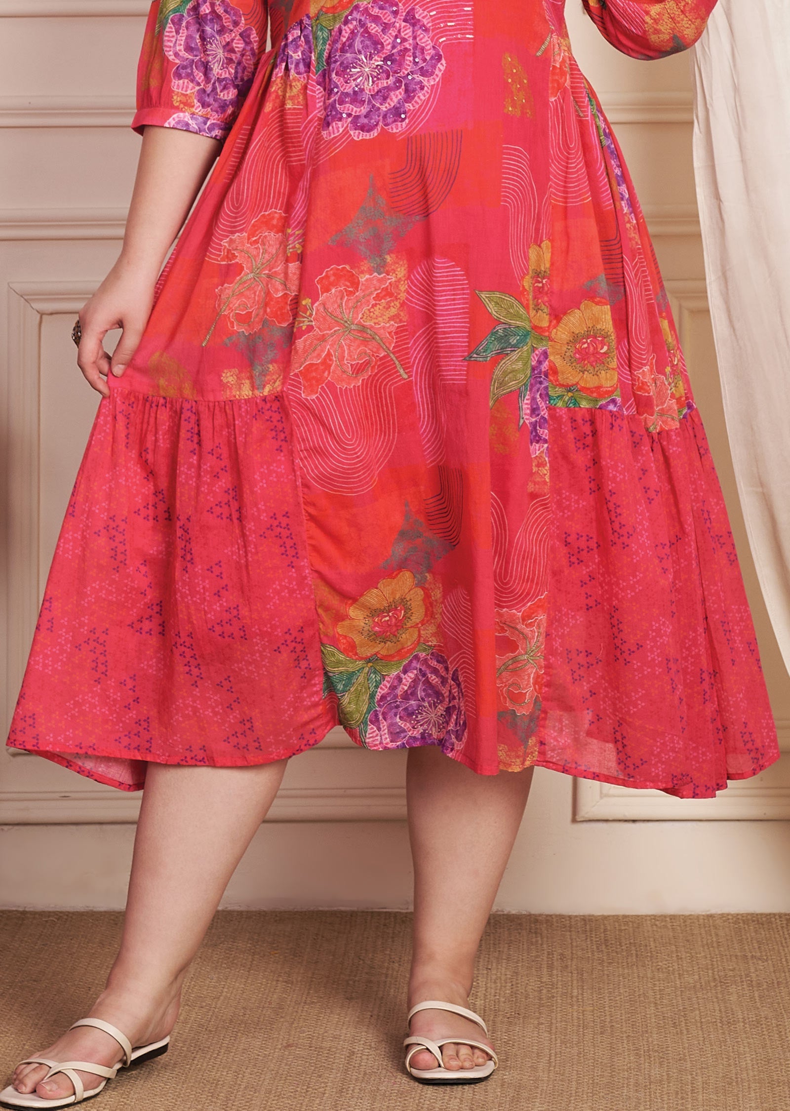 Red & Rani Pink Cotton Midi Dress