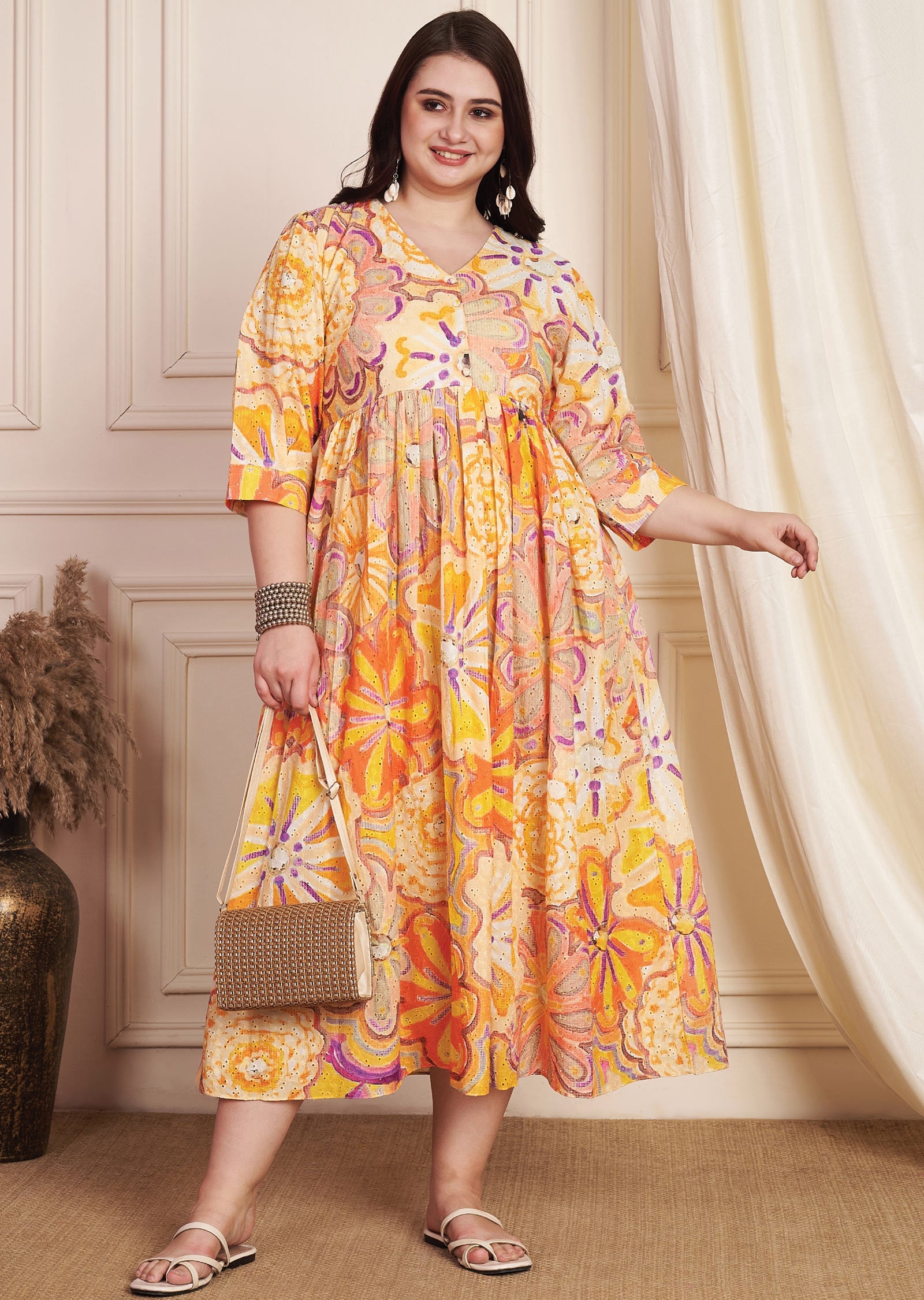 Orange & Multi Schiffli Cotton Midi Dress