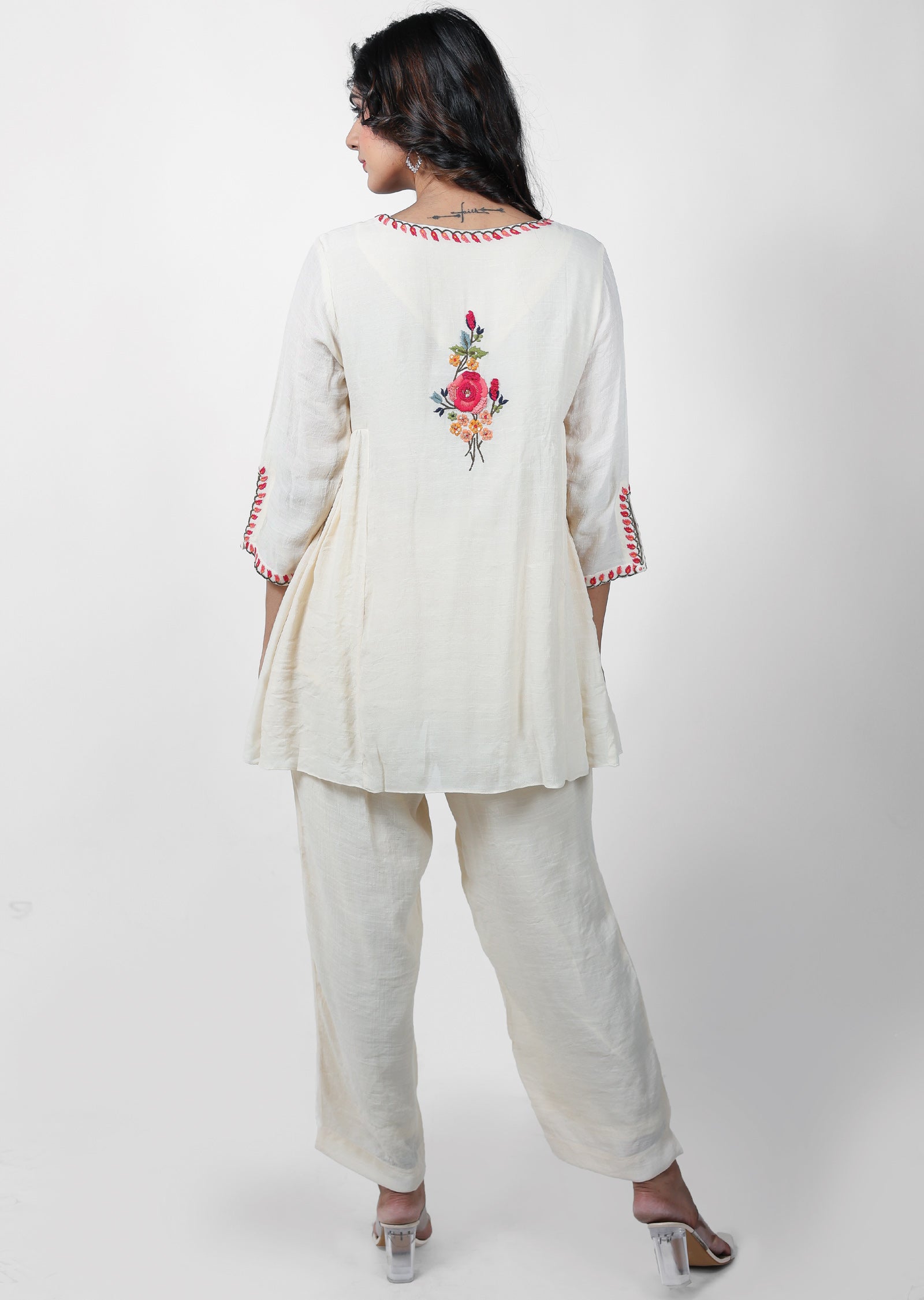 Beige Linen georgette Embroidered Co-Ord Set