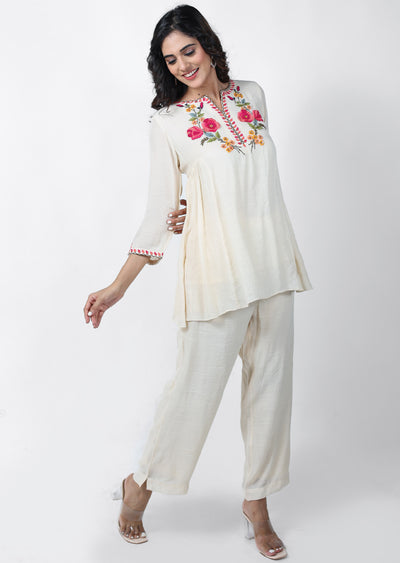 Beige Linen georgette Embroidered Co-Ord Set