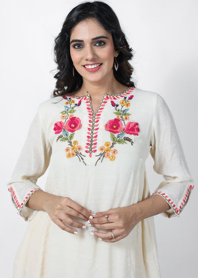 Beige Linen georgette Embroidered Co-Ord Set