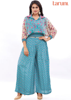 Sea Green & Pink Chinnon Co-Ord Set with Matching Palazzo