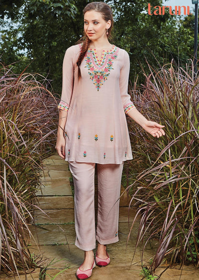 Baby Pink Linen Georgette Co-Ord Set with Short Top and Pant