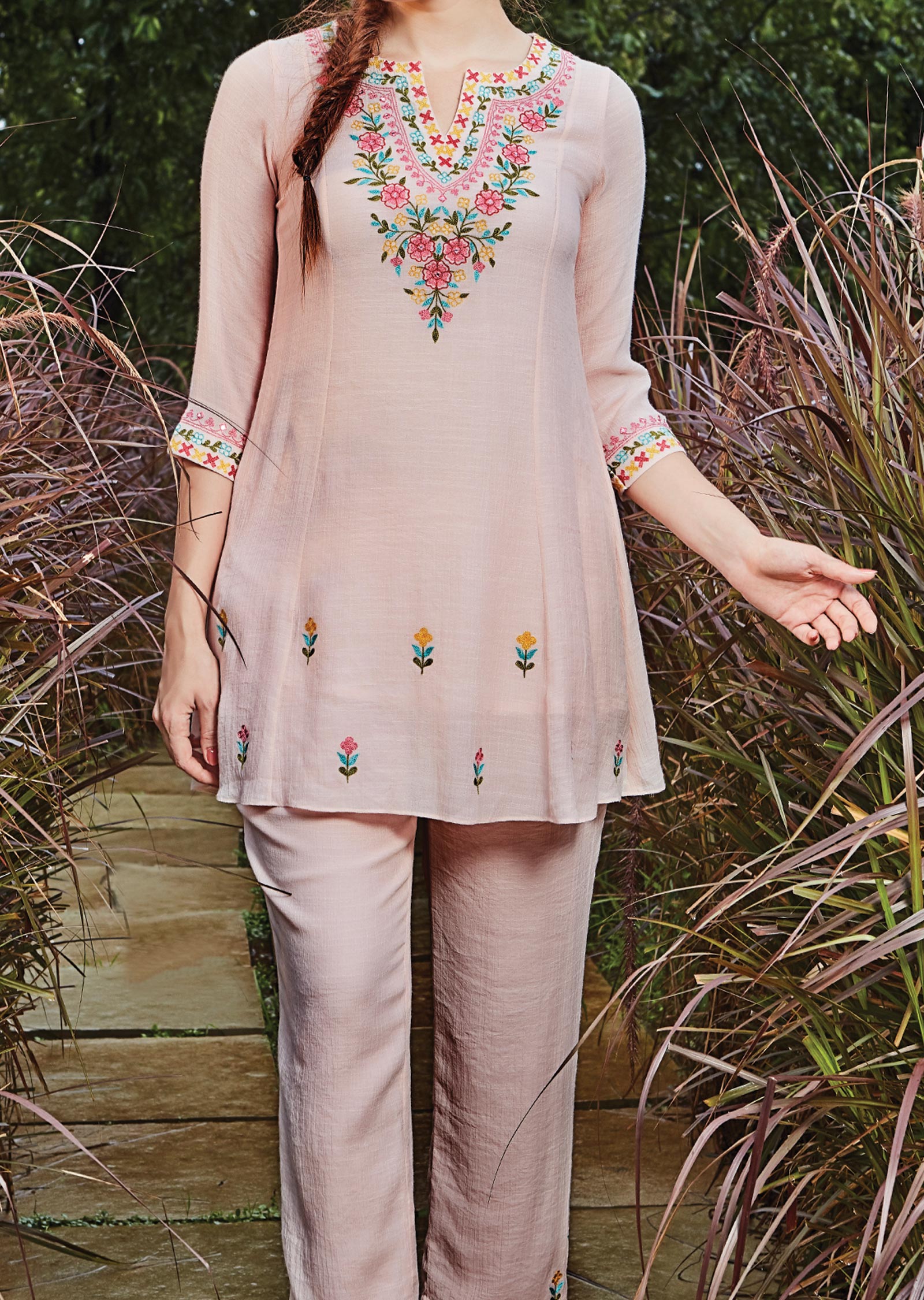 Baby Pink Linen Georgette Co-Ord Set with Short Top and Pant