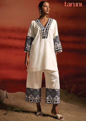 Off White Linen Black Weaving & Stitch Work Co-Ord Set